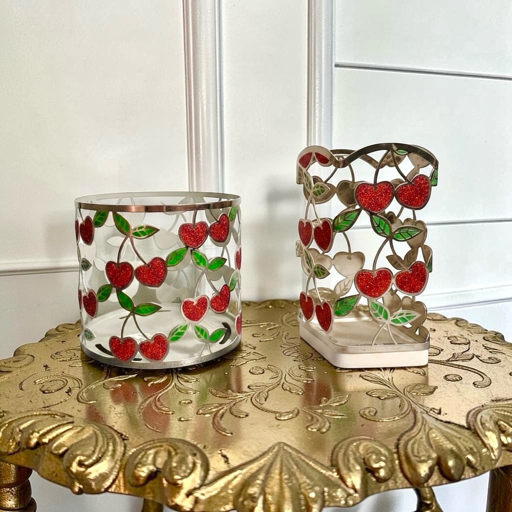 Bath & Body Works Red Cherry Candle and Soap Holders with Green Leaves